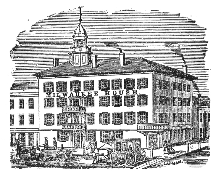 The Milwaukee House, a Juneau-Martin project, was the finest hotel in frontier Milwaukee. It stood on the corner of Broadway and Wisconsin Avenue